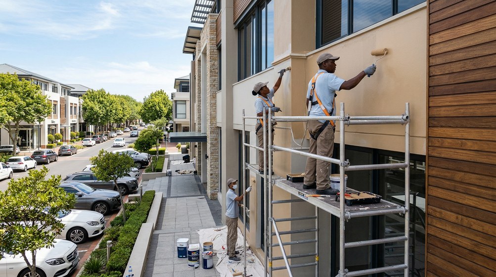 Professional commercial painters on scaffolding painting a building on the Century City