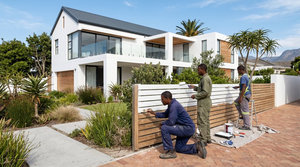 Professional fence painters painting a wooden fence at a Century City home in Century City