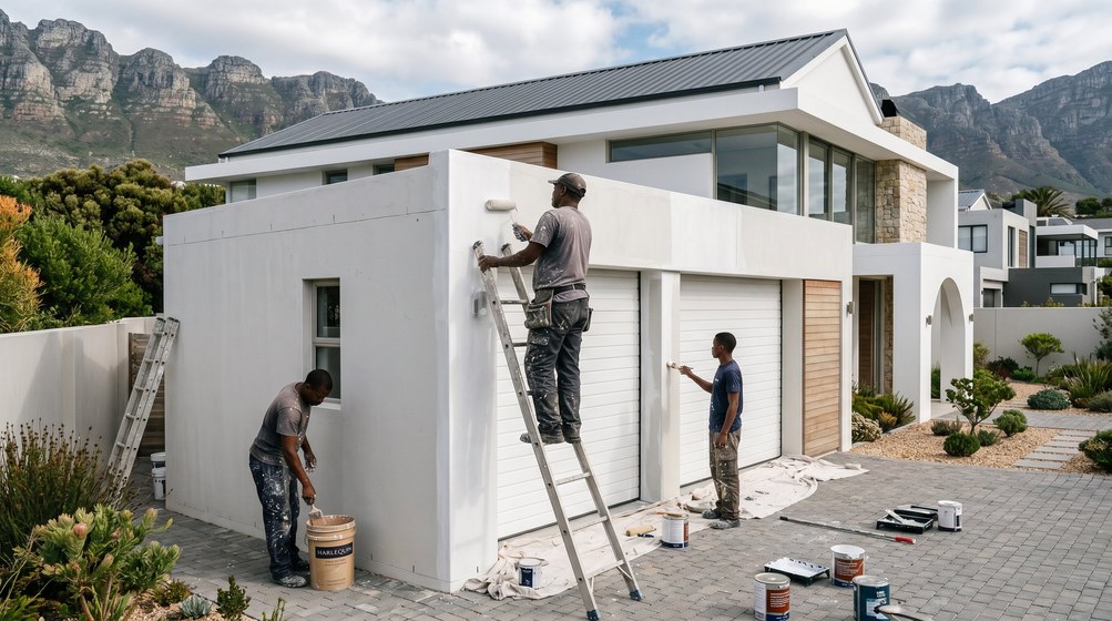 Professional painters painting a double garage exterior and garage doors in Century City